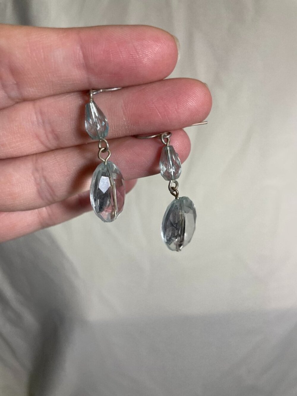 Light Blue Faceted Bead Dangle Earrings Silver Tone Oval Drop Fishhook